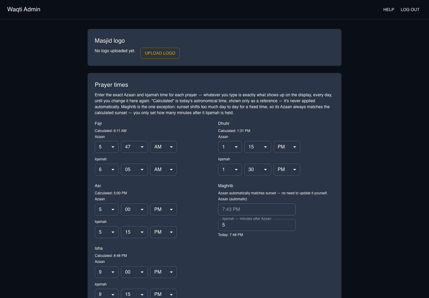 Waqti admin panel showing the Prayer Times section